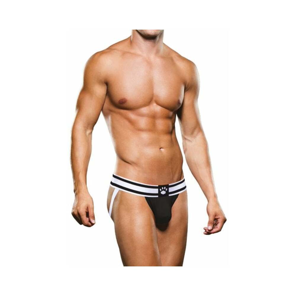 Prowler Jock Strap Black White Medium on a male model showcasing its stylish design and Prowler paw logo.