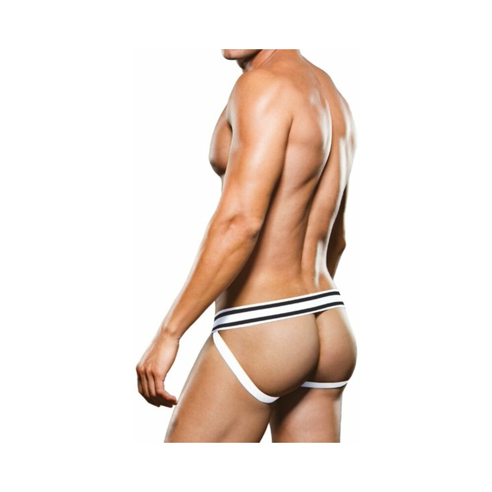 Man wearing Prowler Jock Strap Black White Medium showing back view with two-tone waistband.