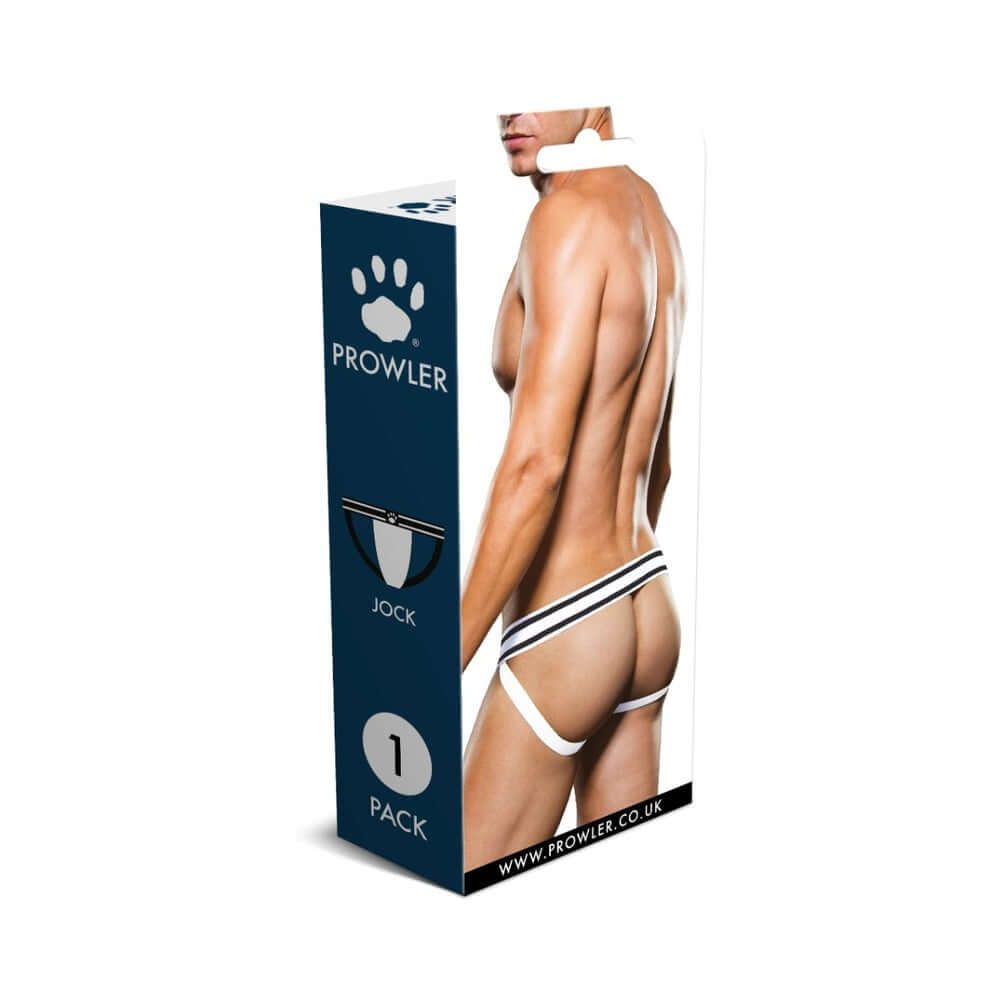 Prowler Jock Strap Black White Medium packaging featuring a model showcasing the back design and waistband.