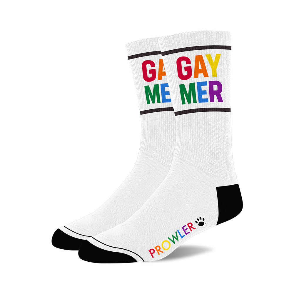 Prowler Gaymer Socks featuring vibrant 'GAYMER' lettering in rainbow colors on white background.