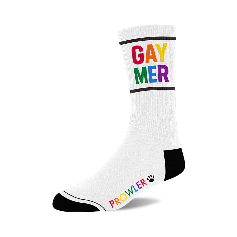 Prowler Gaymer Socks featuring bold 'GAYMER' lettering in rainbow colors on a white background.