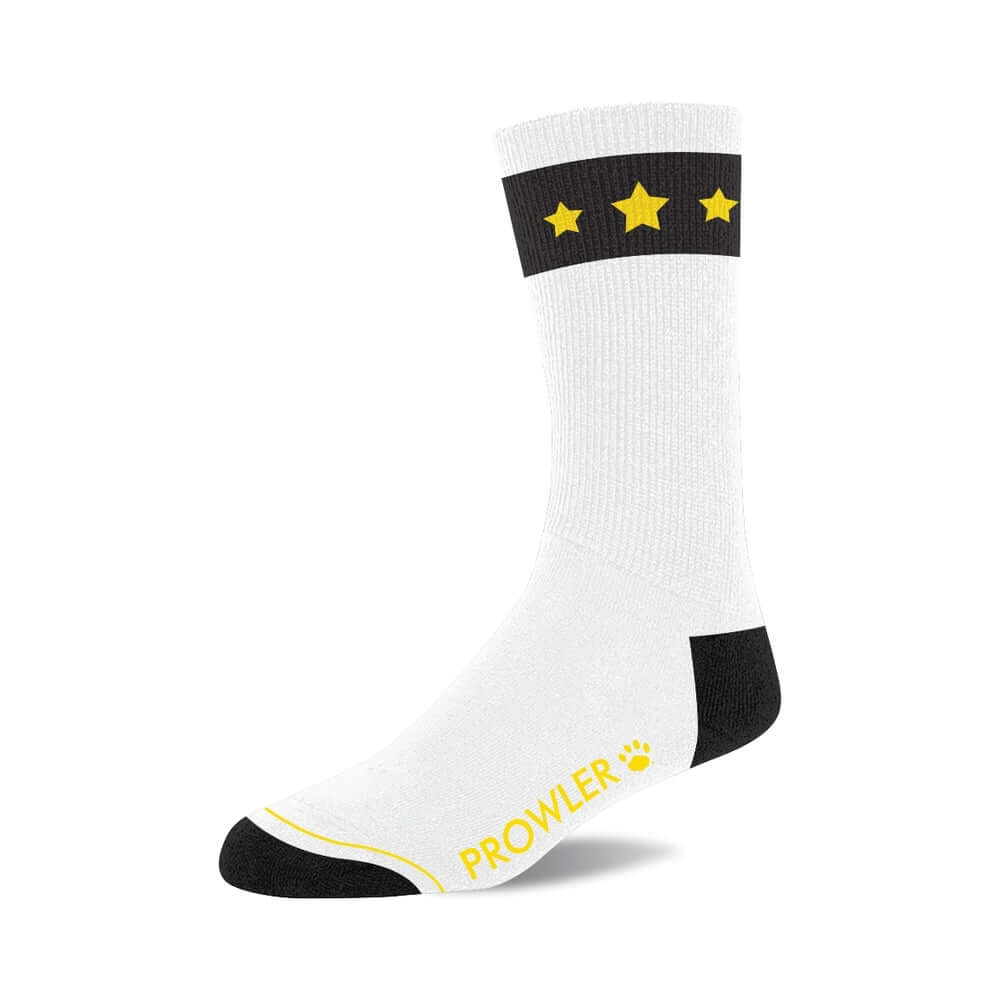 Prowler Gold Star Socks showcasing white fabric with black and yellow star design, perfect for comfort and style.