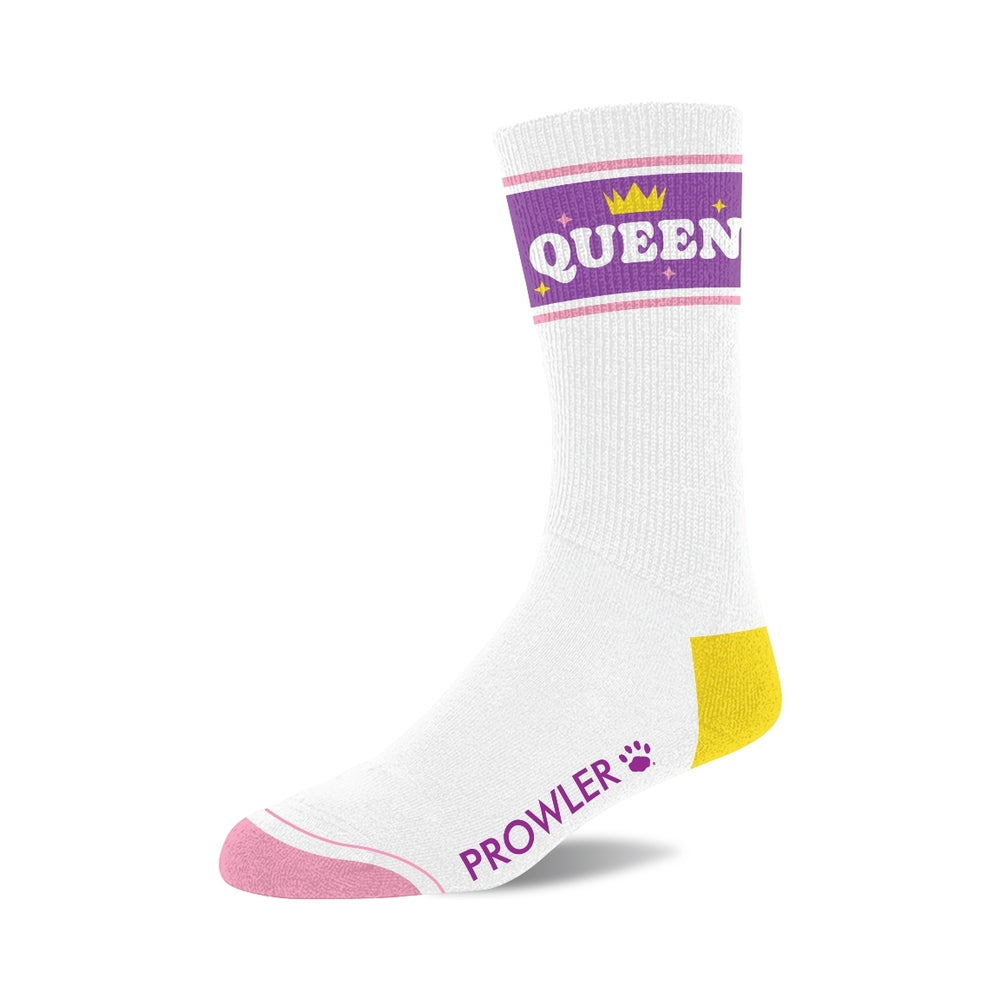 Prowler Queen Socks featuring bold purple lettering and colorful trim, designed for confident and stylish wear.