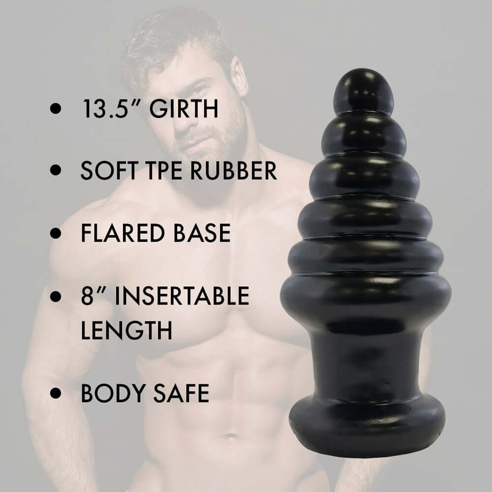 Prowler RED Twisted Tease Anal Plug Black features 13.5" girth, soft TPE rubber, flared base, and 8" insertable length.