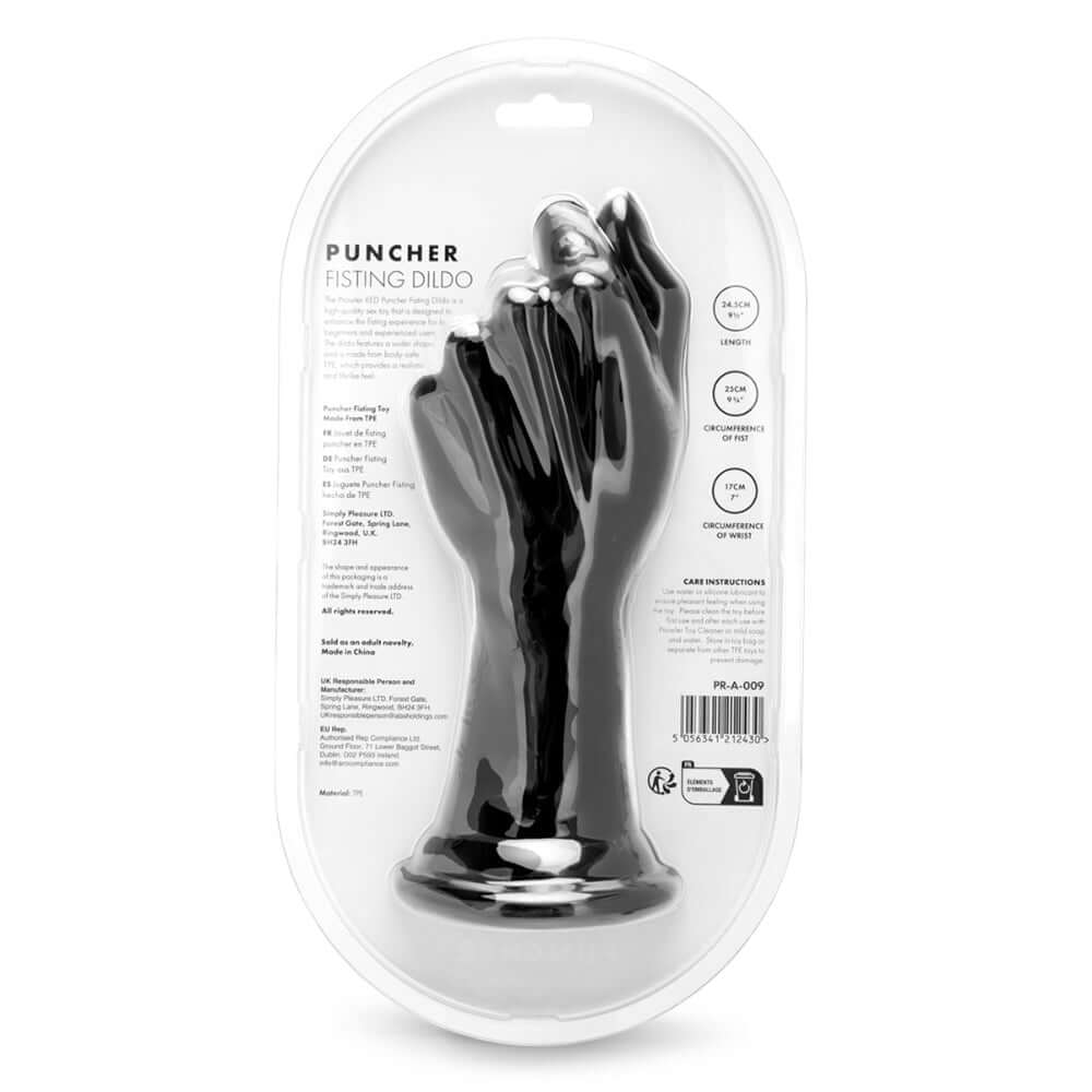Prowler RED Puncher Fisting Dildo Black 9.5 inch packaging with unique fist design and care instructions.