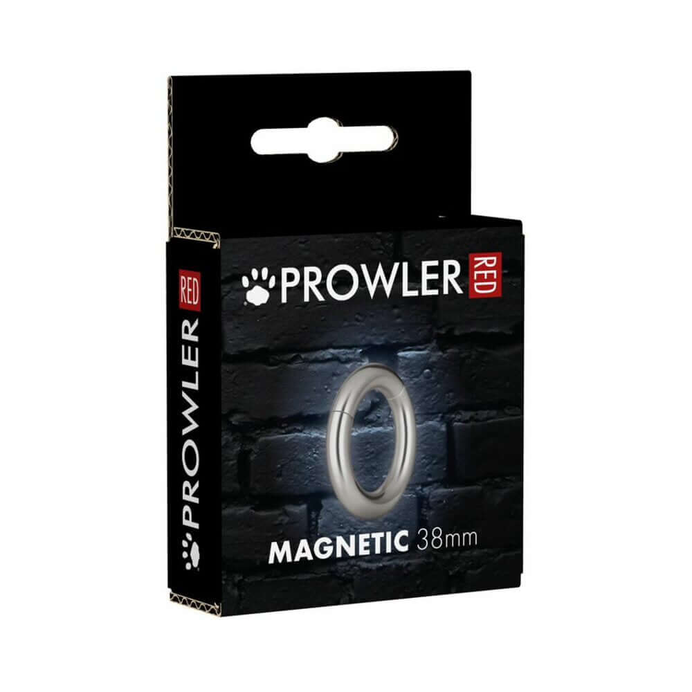 Prowler RED Magnetic 38 mm Cock Ring packaging displayed on a dark background.
