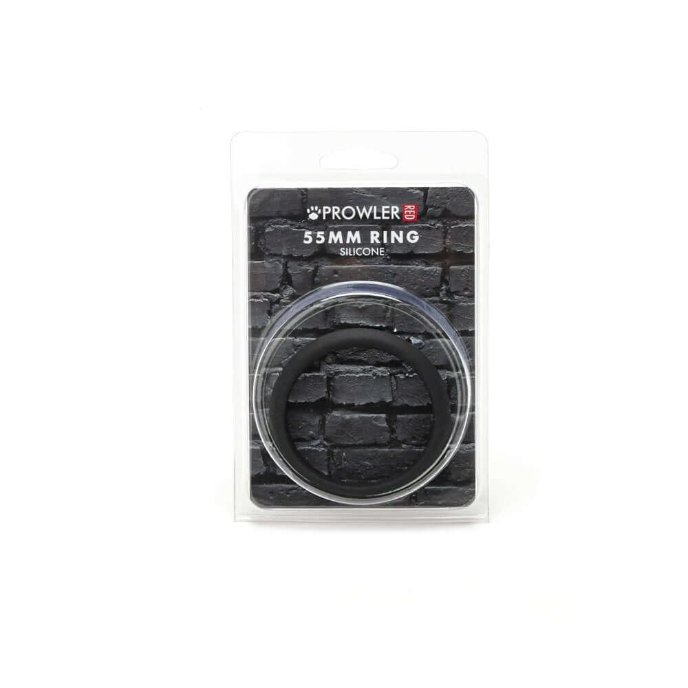 Prowler RED 55 mm Silicone Ring Black in packaging against a black brick background.