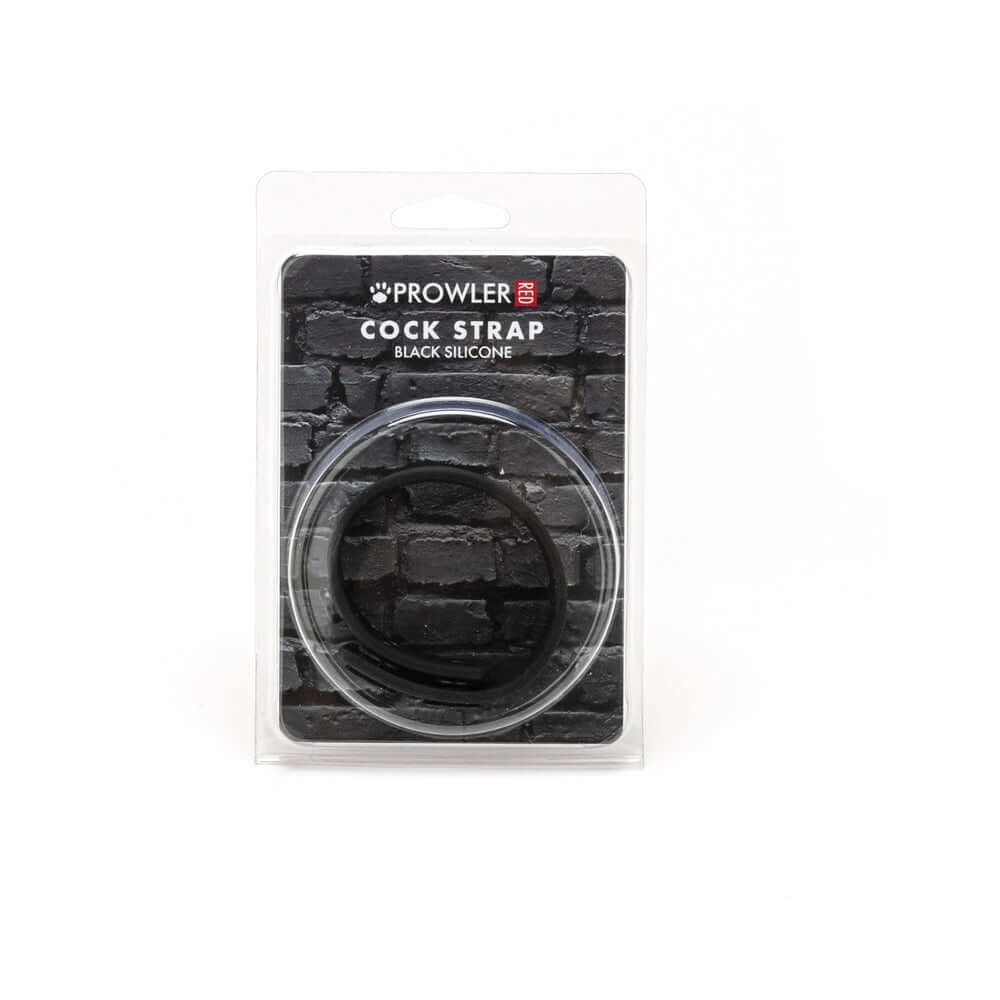 Prowler RED Silicone Cock Strap Black packaged in a clear plastic with label, showcasing durable black silicone design.