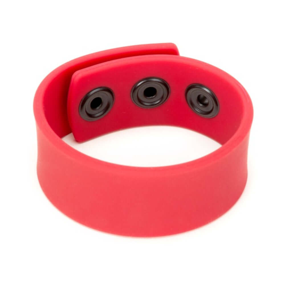 Prowler RED Silicone Cock Strap Red in vibrant red silicone with black snaps for a bold intimate accessory look.