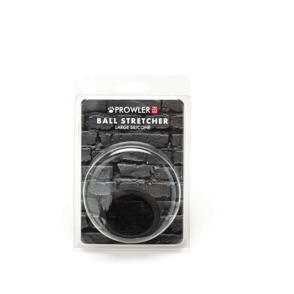 Prowler RED Silicone Ball Stretcher Black L packaging for comfortable and flexible fit in premium body-safe silicone.