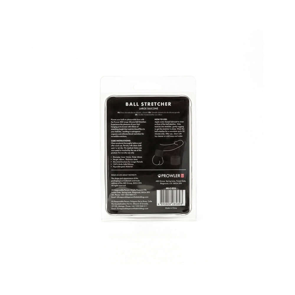 Prowler RED Silicone Ball Stretcher Black L packaging showing features and usage instructions on the back.