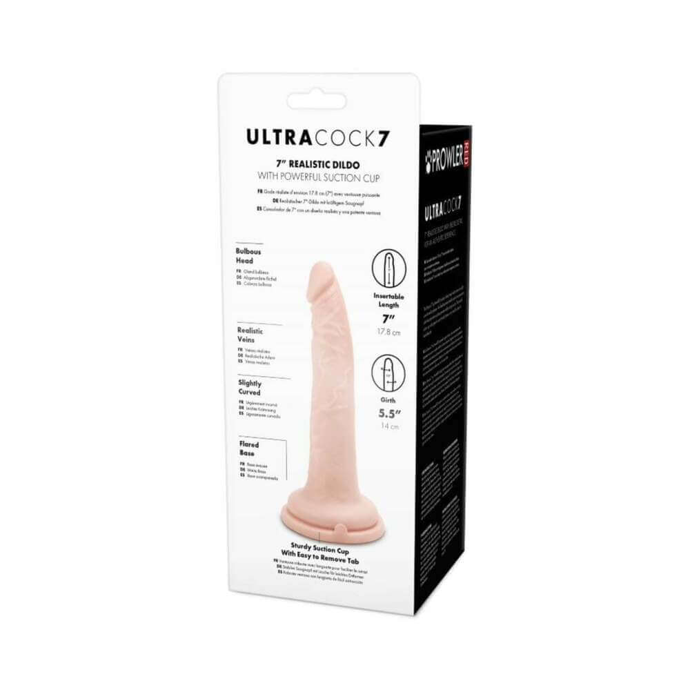 Prowler RED Ultra Cock 7 inch Realistic Dildo Vanilla packaging with suction cup and detailed product features.