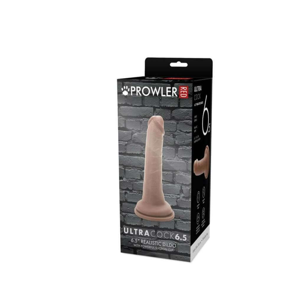 Prowler RED Ultra Cock 6.5 inch Realistic Dildo Caramel packaging on display with detailed design.