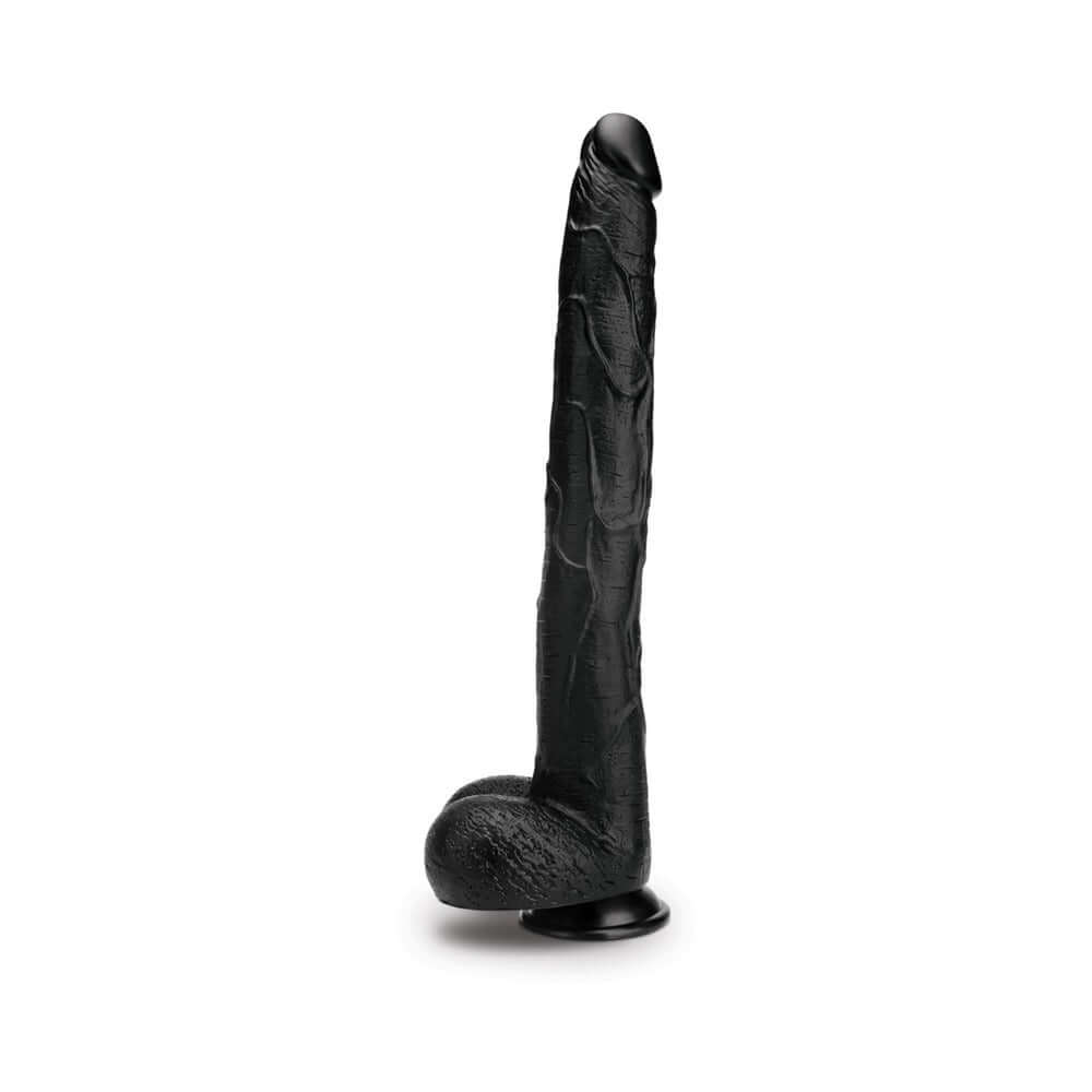 Prowler RED The Destroyer 15 Inches Dildo Black displayed upright, showcasing its realistic design and flexible structure.