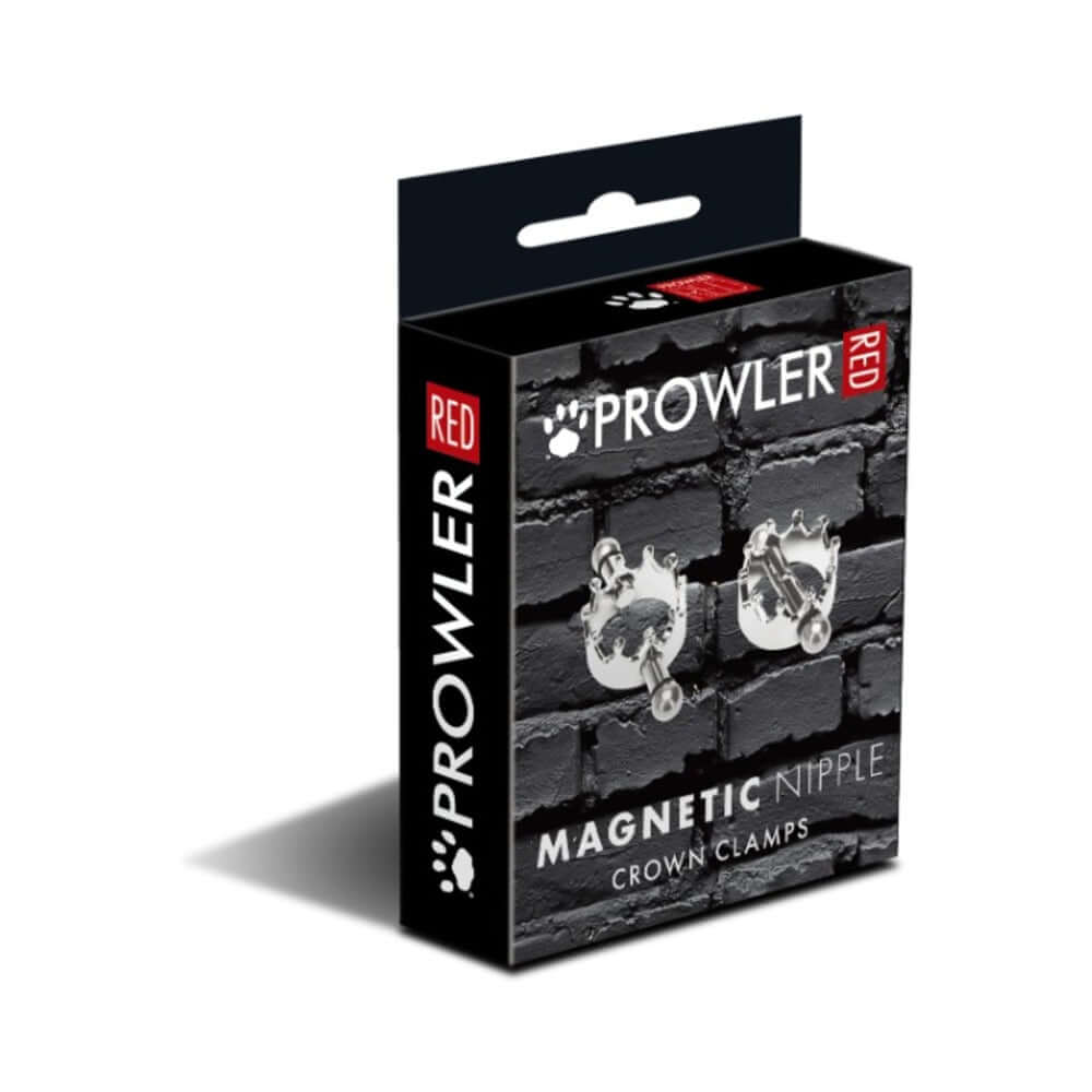 Prowler RED Magnetic Nipple Crown Clamps packaging on a black brick background.