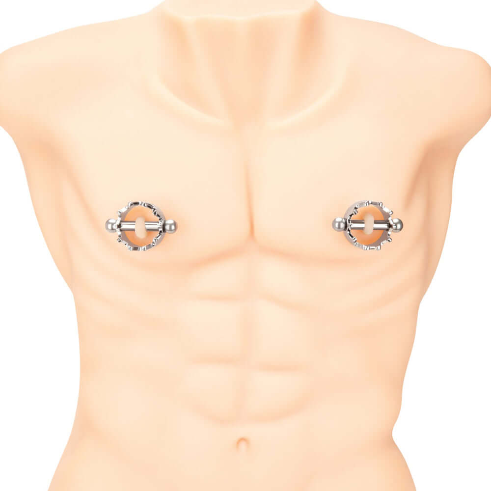 Prowler RED Magnetic Nipple Crown Clamps on a torso model, showcasing their unique crown-inspired design and adjustable pressure.