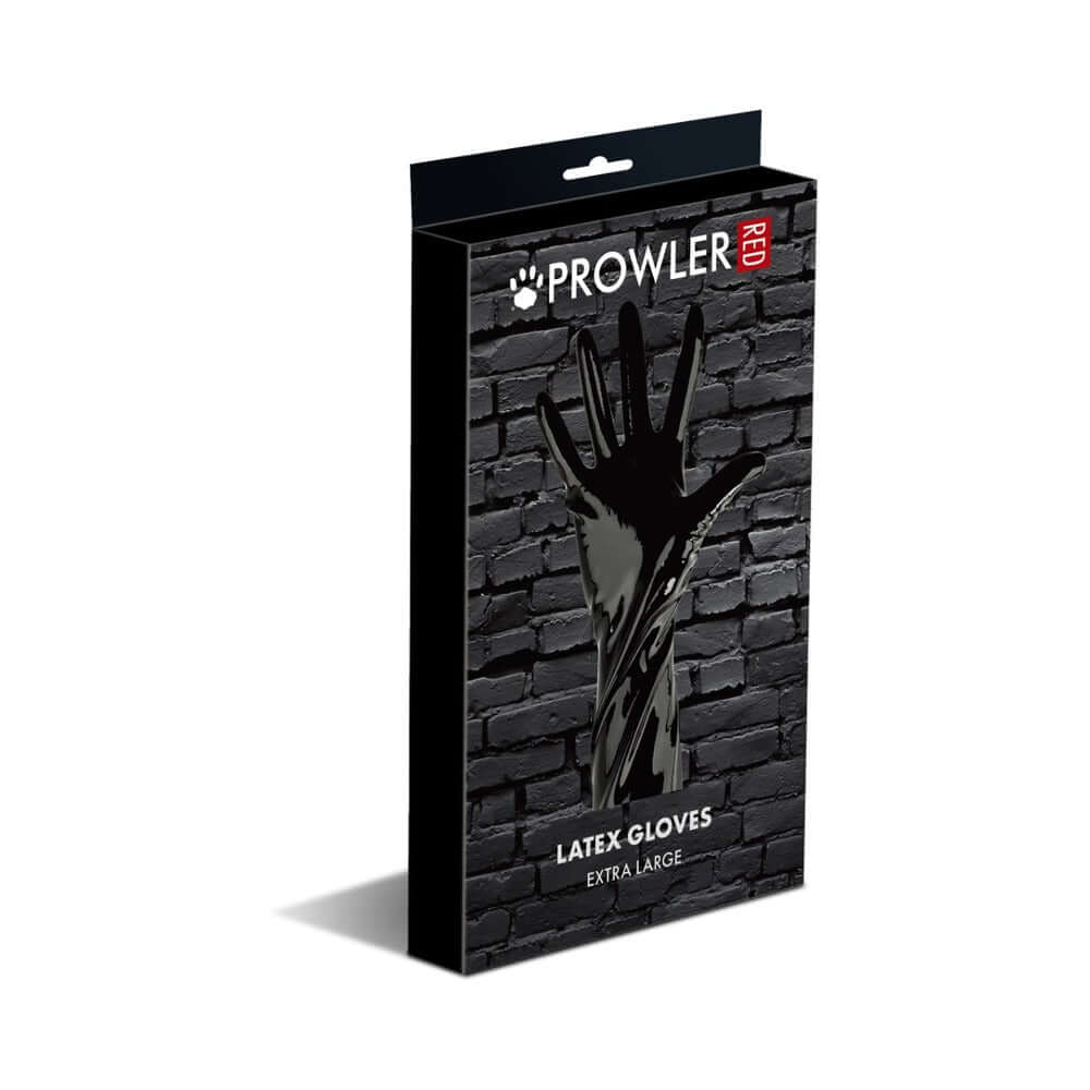 Prowler RED Latex Gloves Black XL packaging displayed on a dark brick background, highlighting stylish design and extra-large size.