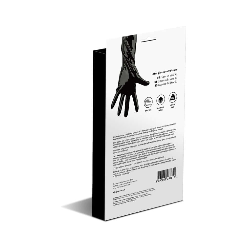 Prowler RED Latex Gloves Black XL packaging featuring glossy design and product information on the back.