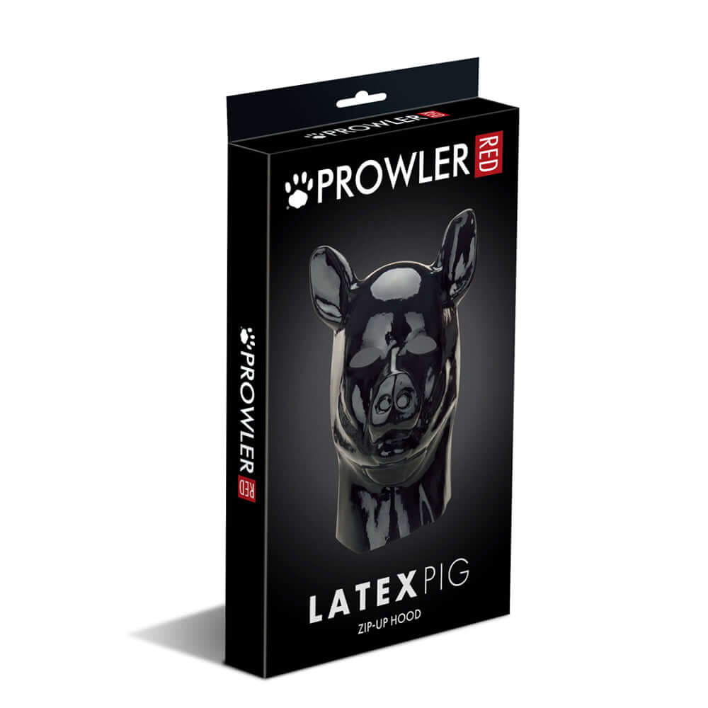 Prowler RED Latex Pig Hood Black packaging showcasing a glossy black pig-style design for fetish fashion.