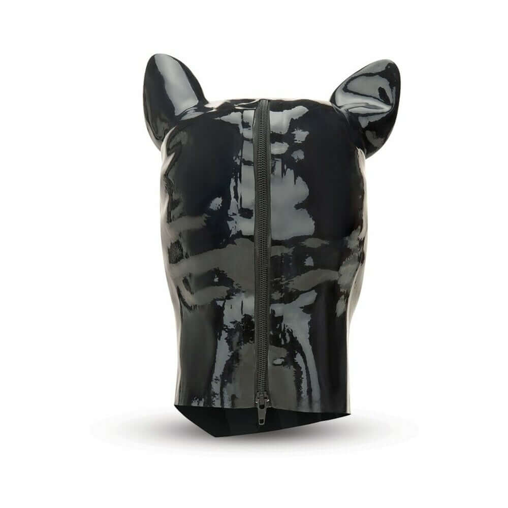 Prowler RED Latex Pig Hood Black with glossy finish and ear details, perfect for fetish fashion and roleplay.
