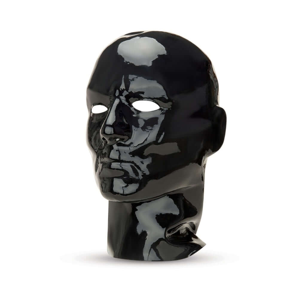 Prowler RED Latex Hood Black showcased on a mannequin head, featuring a glossy black finish and dramatic design.