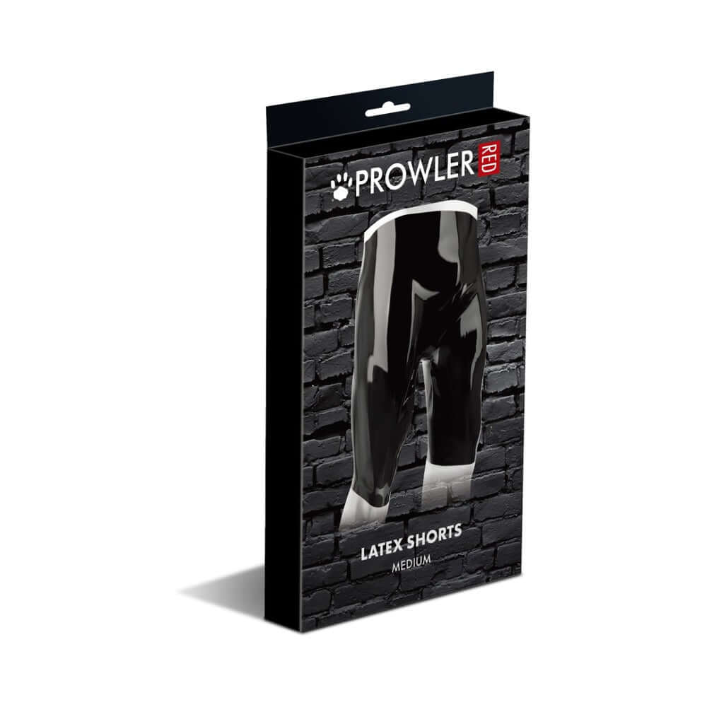 Prowler RED Latex Shorts Black M packaging showcasing glossy latex finish and minimalist design.