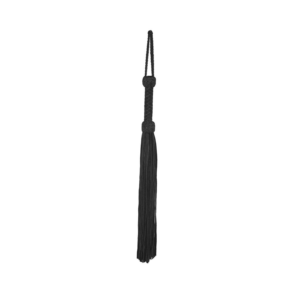 Prowler Red Leather Suede Flogger Black with a long tassel and knotted handle for impact play.