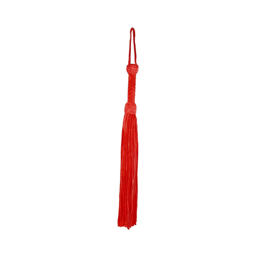 Prowler Red Leather Suede Flogger Red, a red suede whip with a comfortable handle and tasseled strands for sensory impact play.