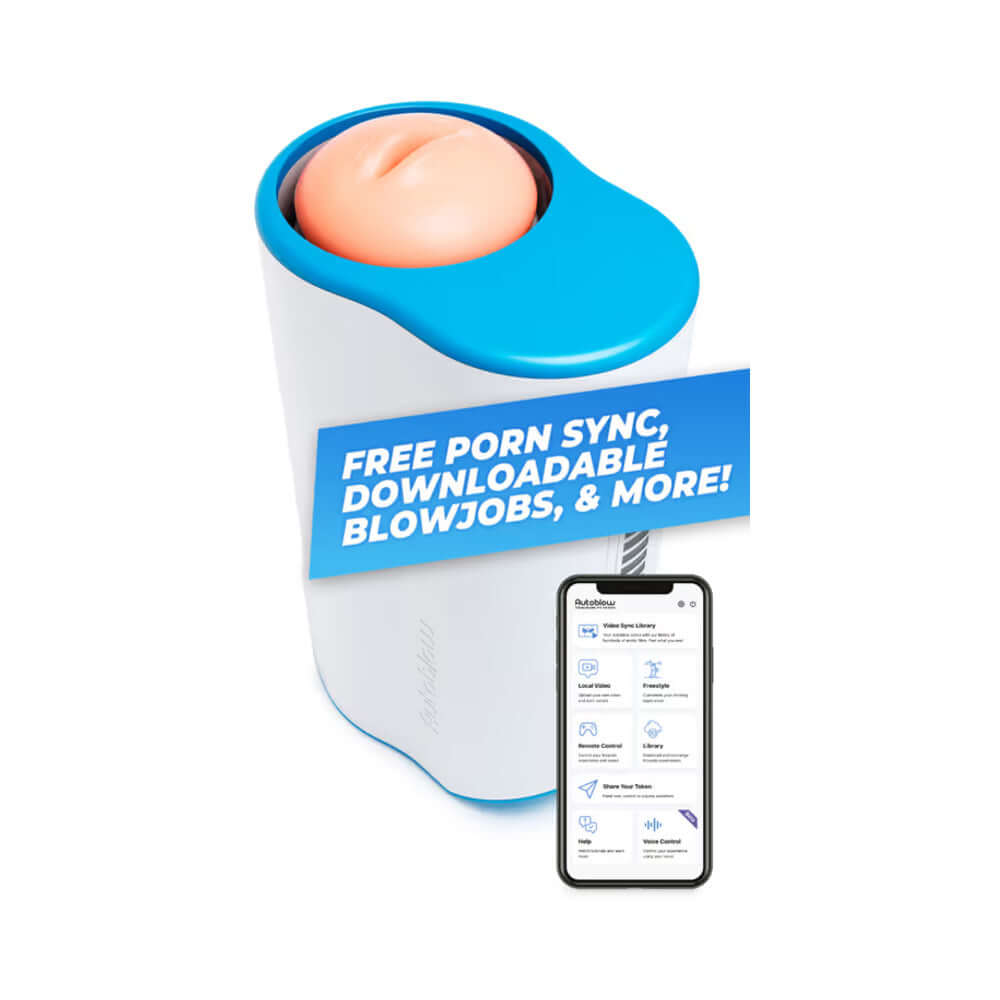 Autoblow AI Ultra Blowjob Machine with Video Sync showing device and smartphone with features highlighted.