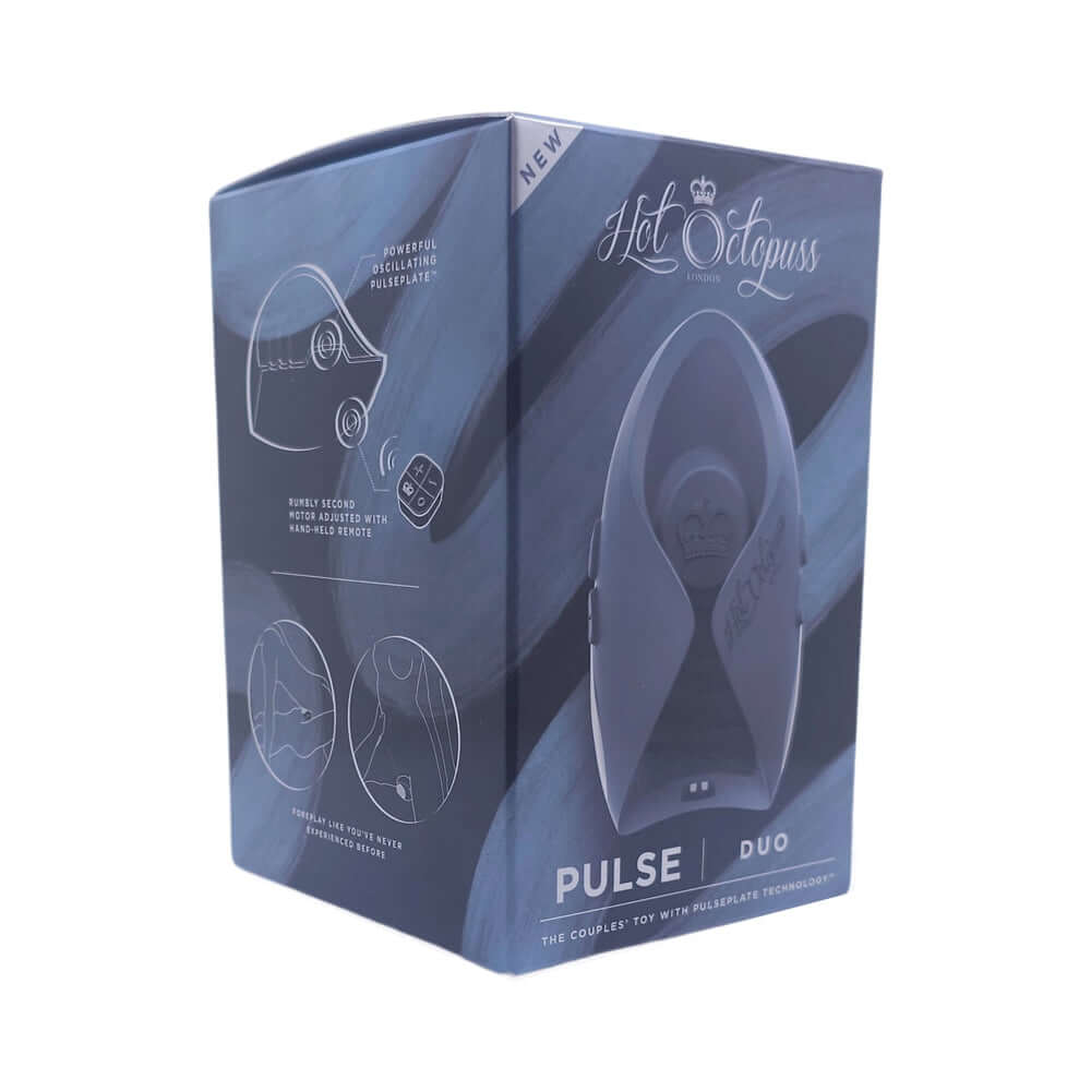 Hot Octopuss Pulse Duo Remote Control Vibrating Stroker Blue packaging with instructions and branding.