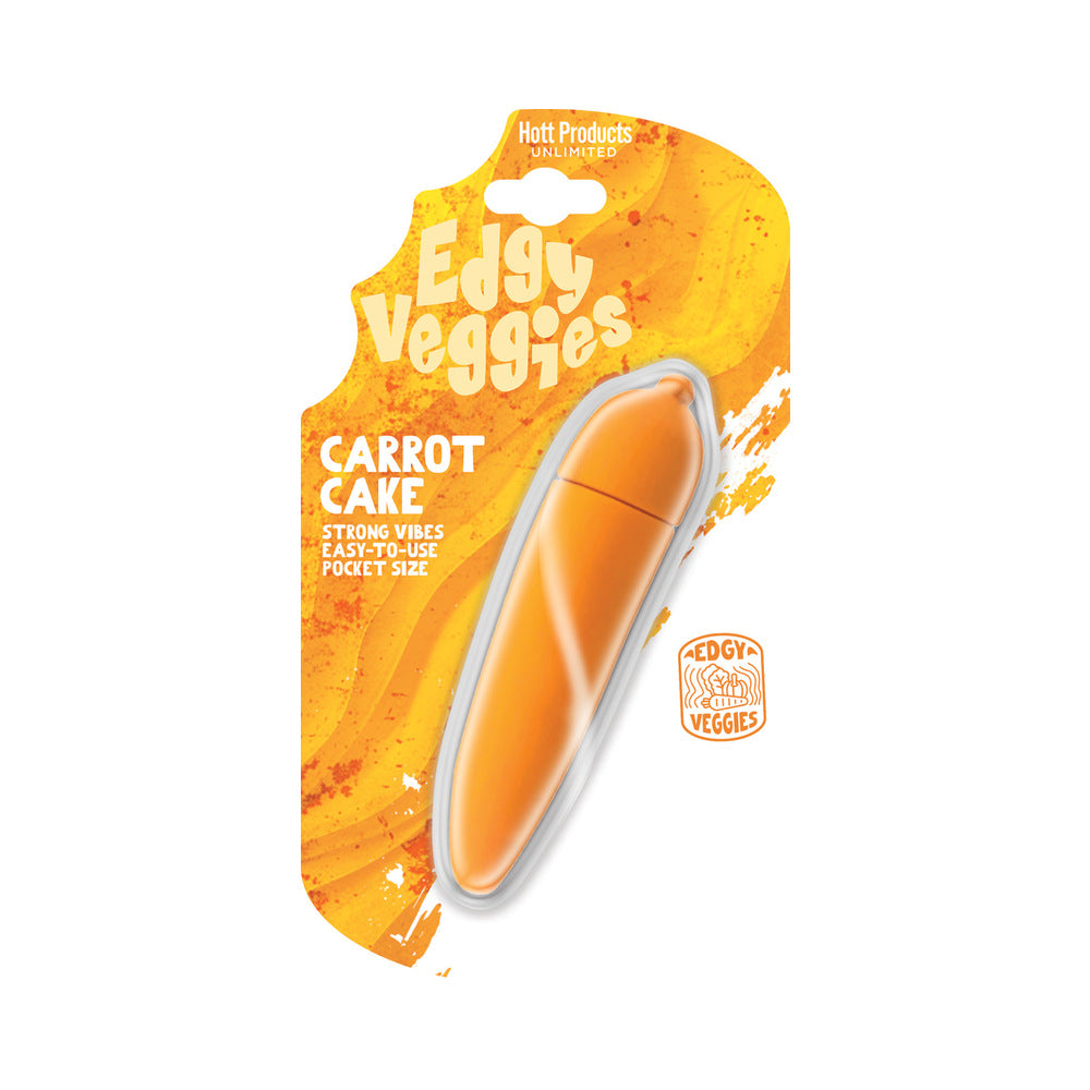 Edgy Veggies Carrot Cake Vibrator packaging featuring a carrot-shaped design and vibrant orange color.