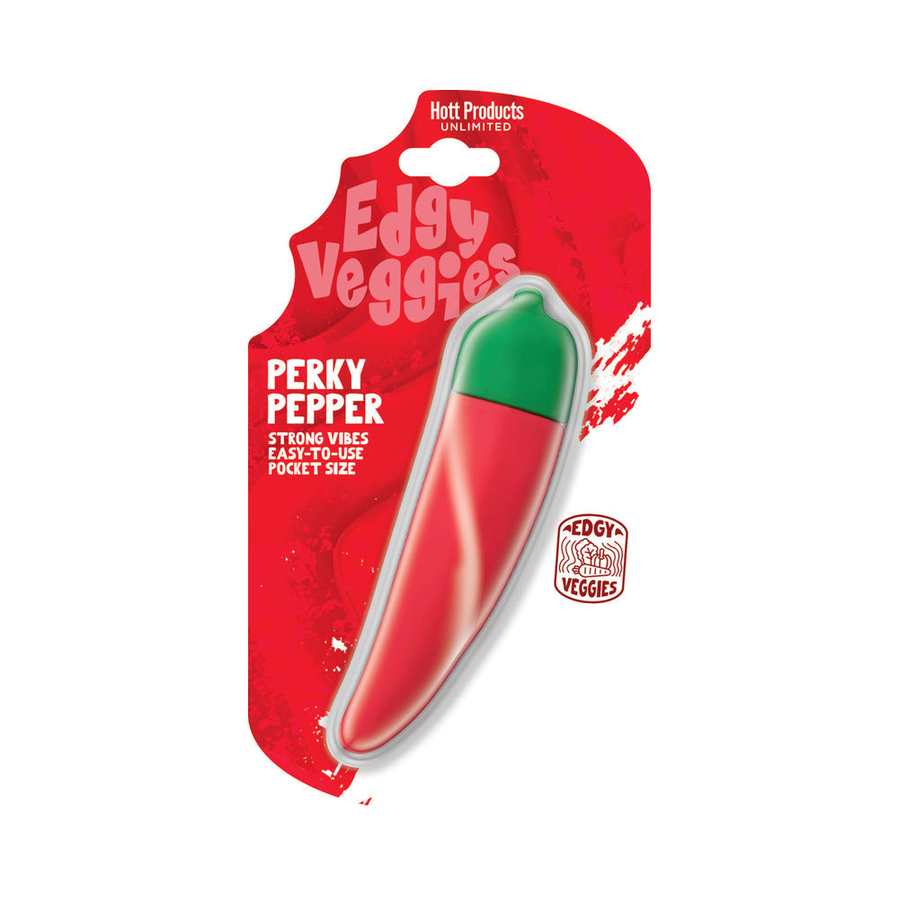 Edgy Veggies Perky Pepper Vibrator in packaging with a playful chili pepper design.