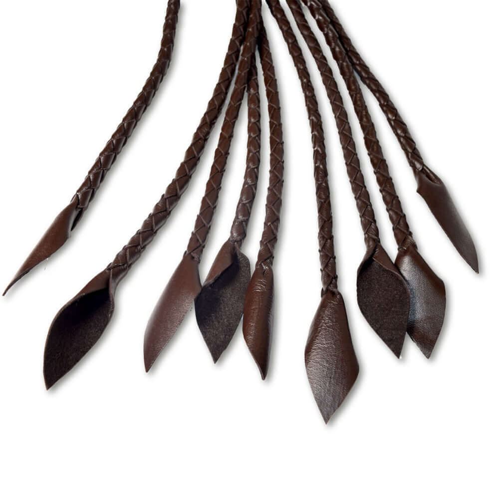 Prowler RED Leather Flogger Brown with multiple braided strands and tapered tips for BDSM play.