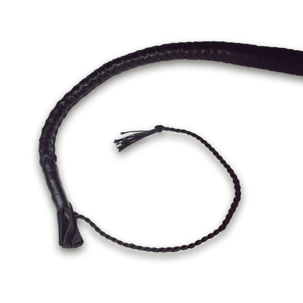 Prowler RED Turkish Knot Whip Black 2 feet showcasing its sleek design and braided texture for sensation play.
