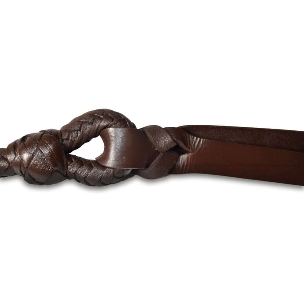 Prowler RED Leather Whip Brown showing braided leather handle and flexible tail for impact play.