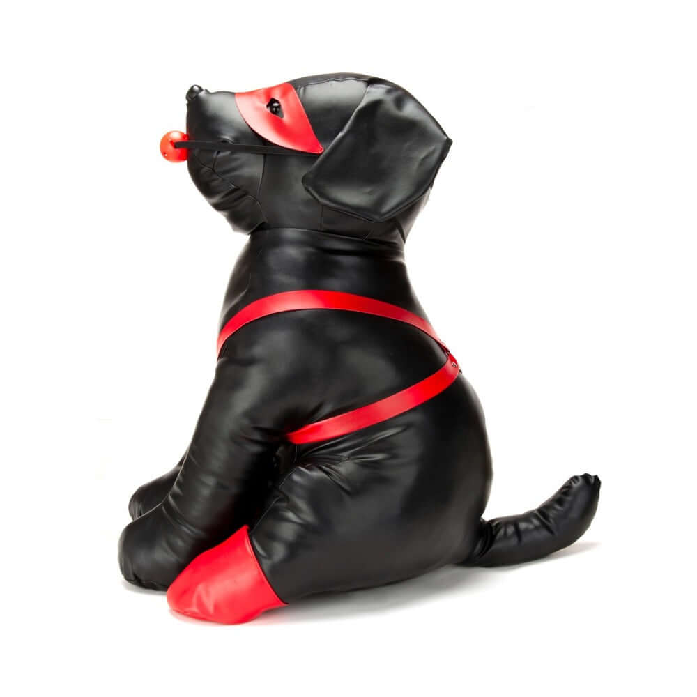Prowler RED Booted Up Bandit L oversized novelty padded puppy in black and red, standing 26.5 inches tall.