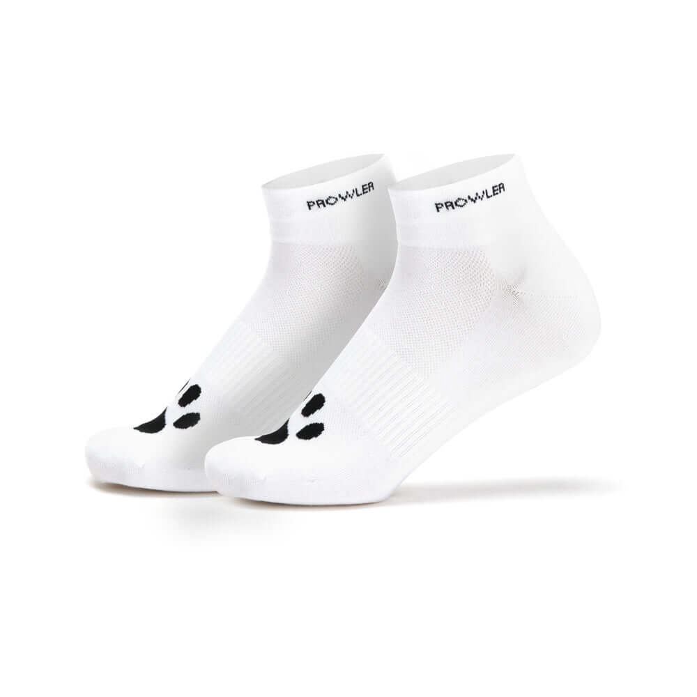 Prowler RED Ankle Sock Just A Hole in white with black paw print design, showcasing edgy streetwear style.