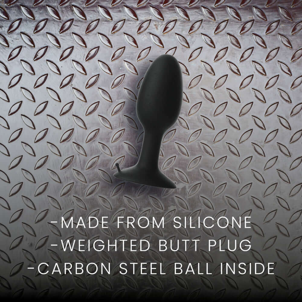 Prowler RED Weighted Butt Plug Black Small on a textured metallic background, highlighting its silicone material and weighted design.