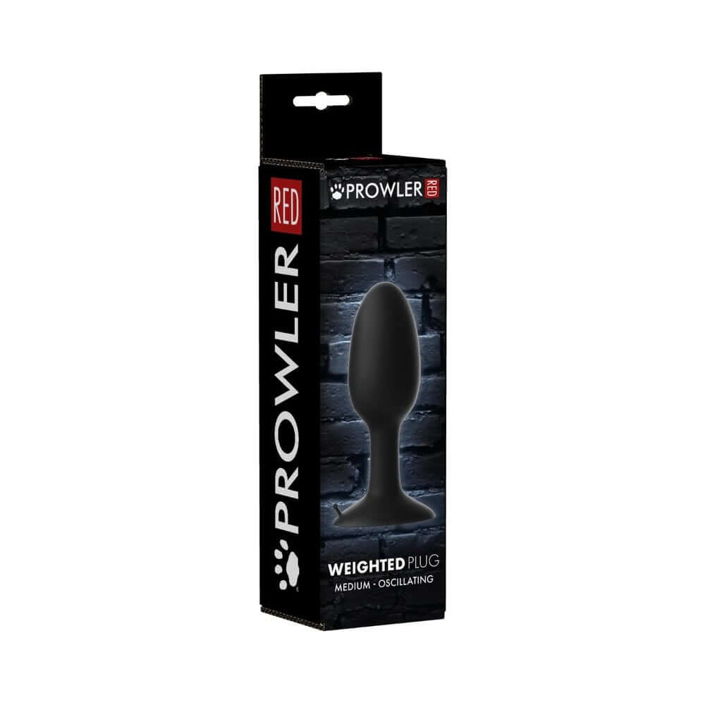Prowler RED Weighted Butt Plug Black Medium packaging on a sleek background.