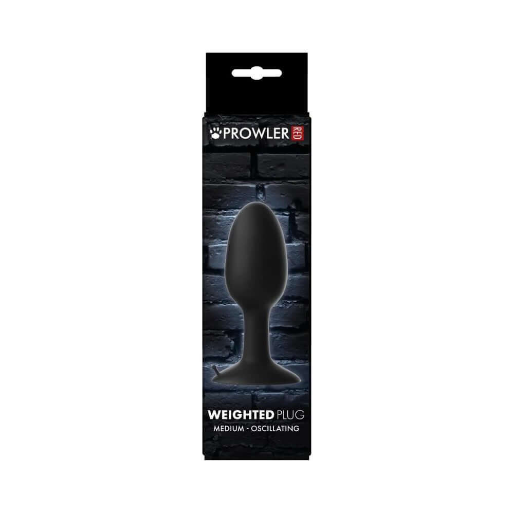 Prowler RED Weighted Butt Plug Black Medium packaging with sleek design and features for enhanced pleasure.