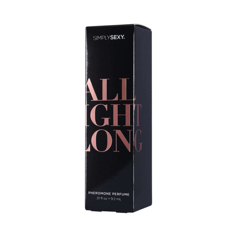 Simply Sexy Pheromone Perfume Spray All Night Long 0.31 Oz packaging with elegant design.