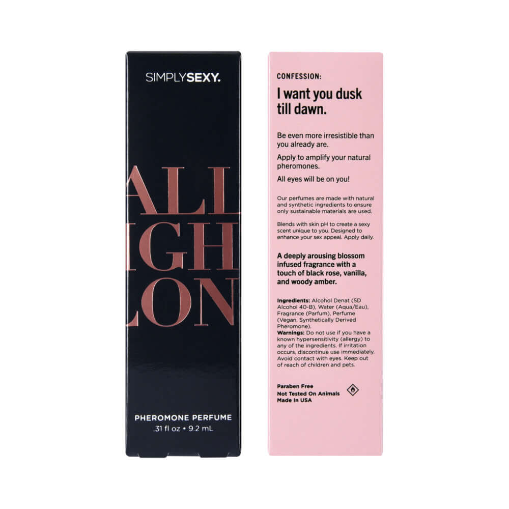 Simply Sexy Pheromone Perfume Spray All Night Long 0.31 Oz packaging featuring seductive floral and woody notes.