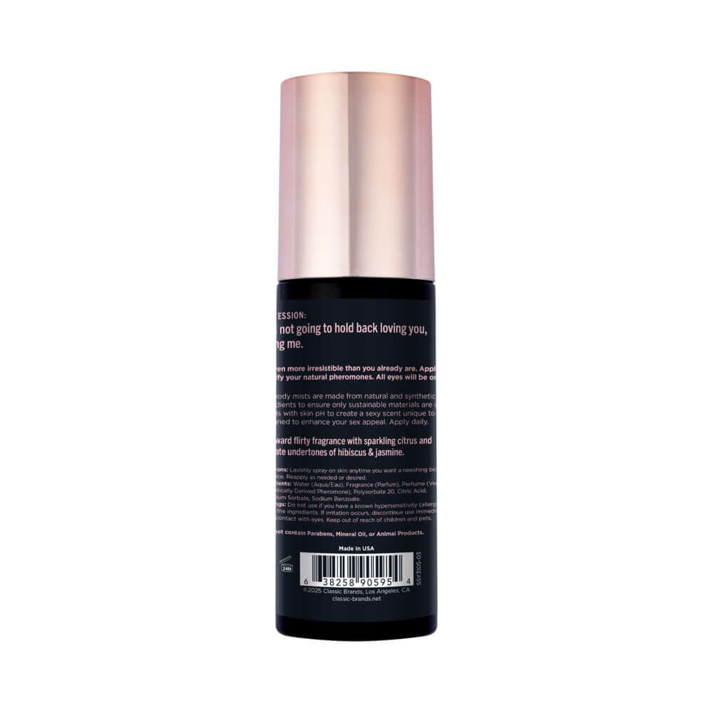 Simply Sexy Pheromone Body Mist Lets Get It On 3.35 Oz bottle with playful fragrance description on the back.