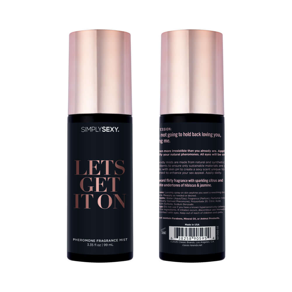 Simply Sexy Pheromone Body Mist Lets Get It On 3.35 Oz bottle with stylish design and rose gold accents.