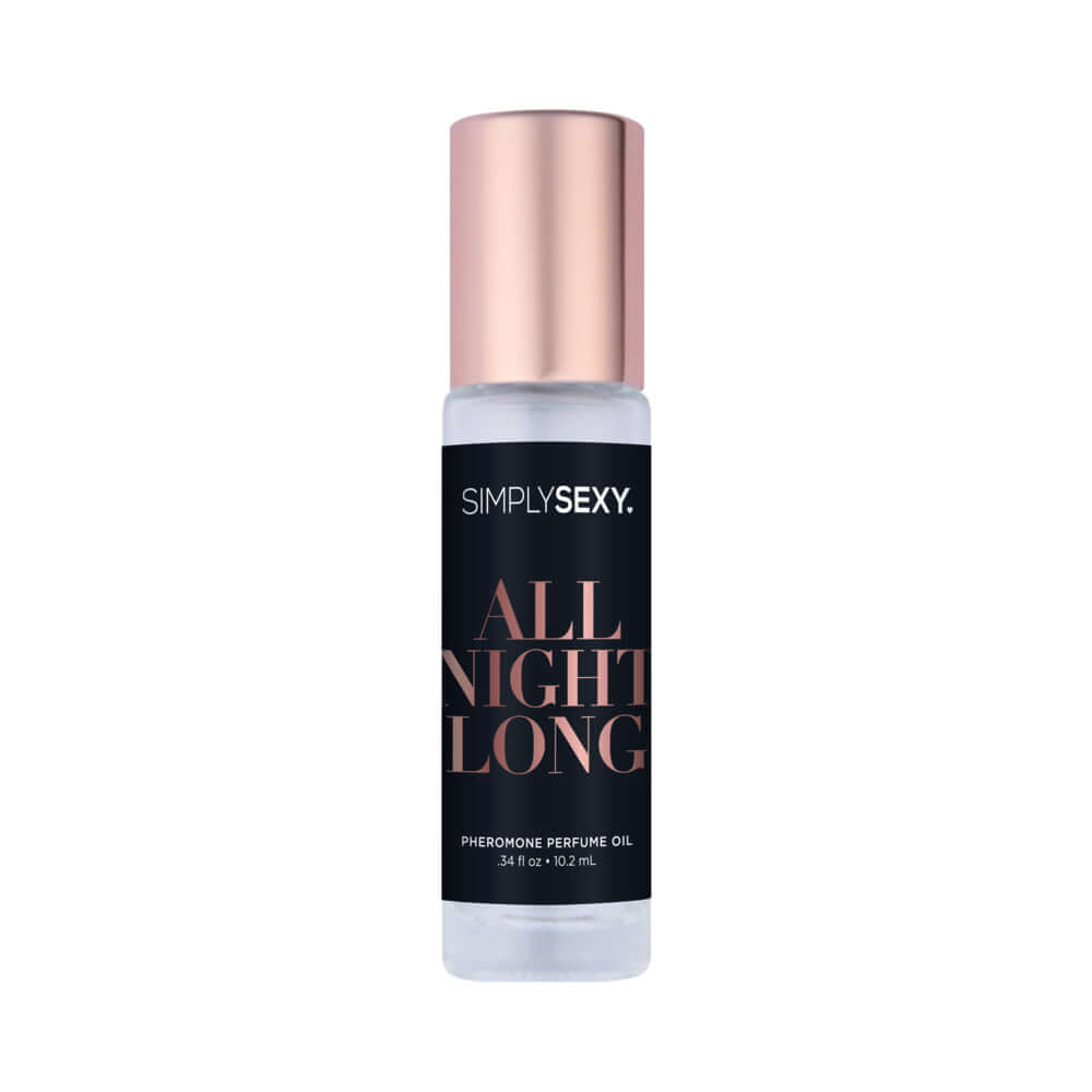 Simply Sexy Pheromone Perfume Oil Roll-On All Night Long 0.34 Oz in a sleek bottle with rose gold cap.