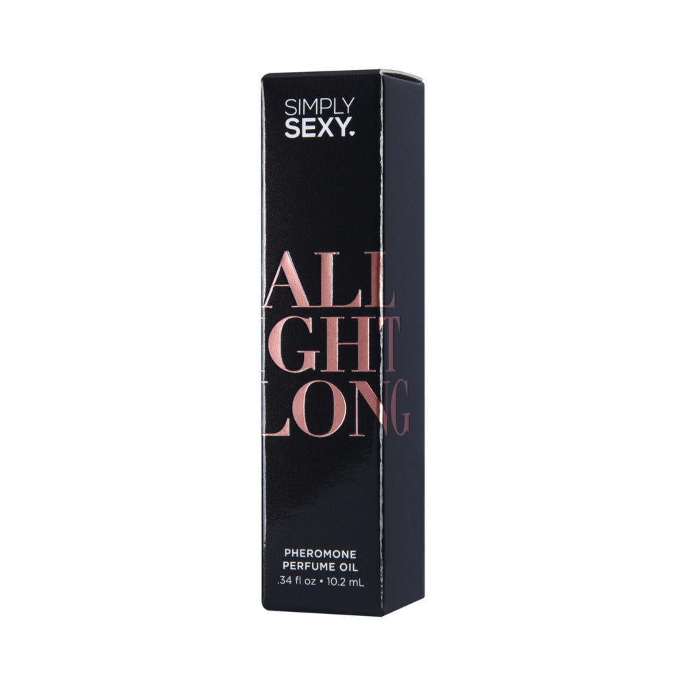 Simply Sexy Pheromone Perfume Oil Roll-On All Night Long 0.34 Oz packaging with black and pink design.