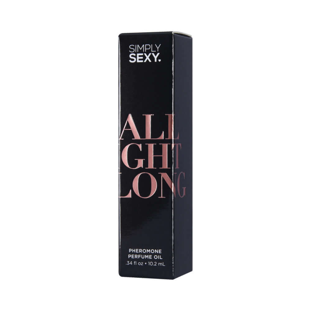 Simply Sexy Pheromone Perfume Oil Roll-On All Night Long 0.34 Oz packaging with black and pink design.