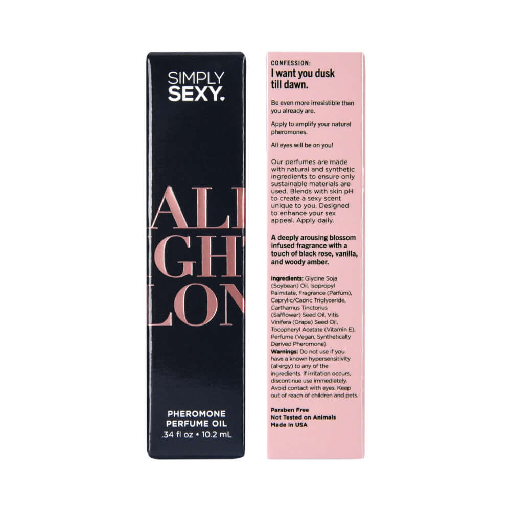 Simply Sexy Pheromone Perfume Oil Roll-On All Night Long 0.34 Oz packaging with black rose and vanilla scent details.