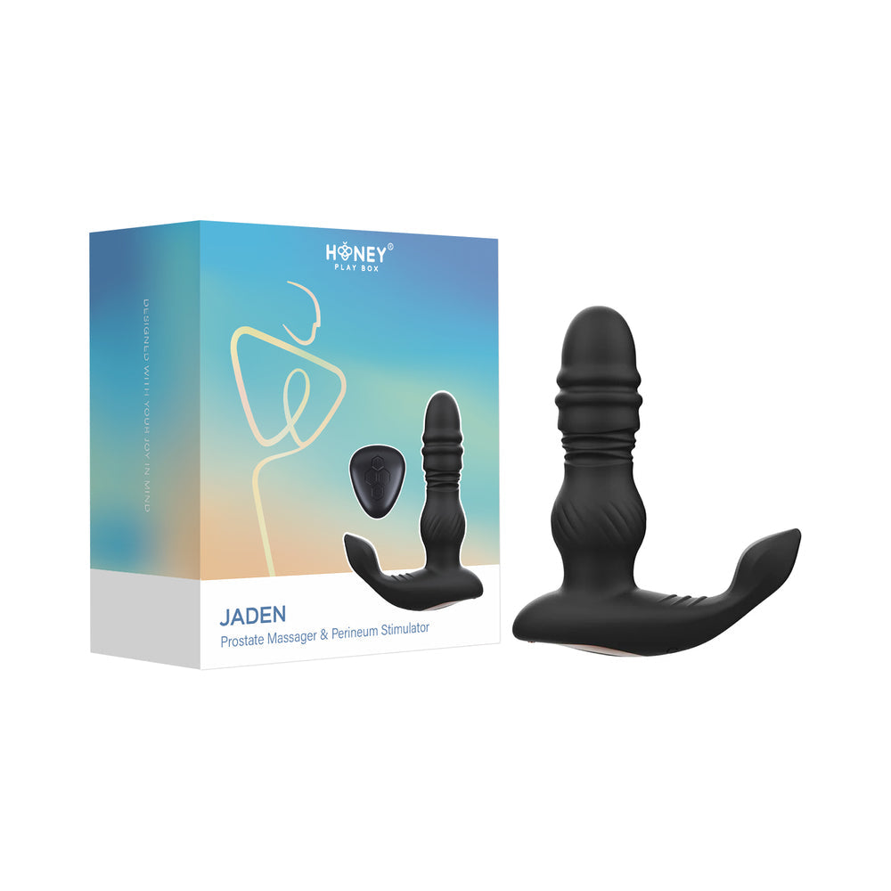 Honey Play Box Jaden Thrusting Prostate Massager Black packaging and product display on a gradient background.