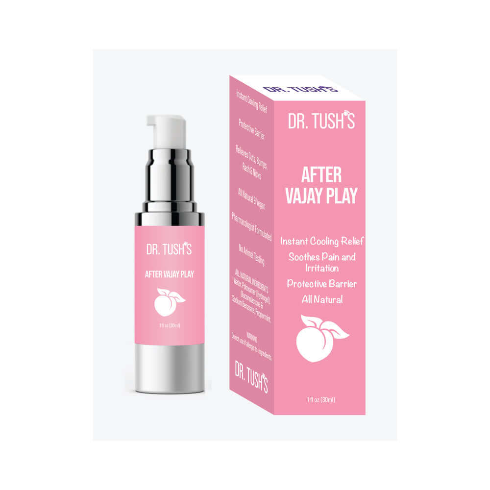 Dr Tushs After Vajay Play 12 Pack Display featuring an instant cooling relief gel for vulva wellness.